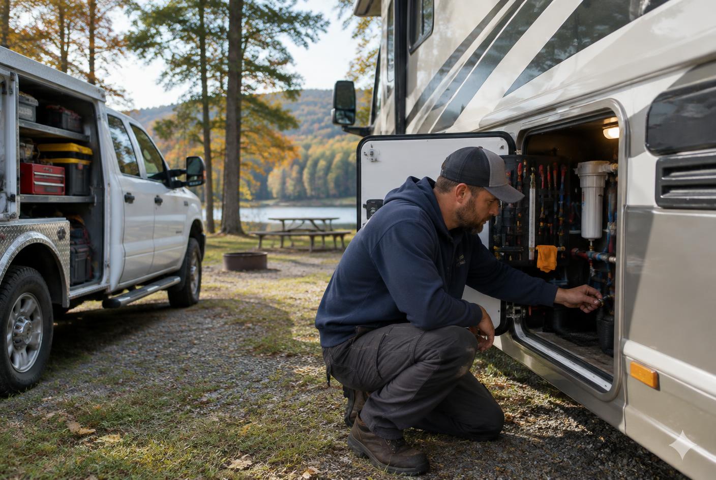 RV technician checking an exterior system at a campground