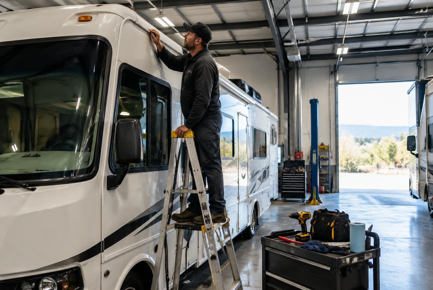 RV technician inspecting a motorhome inside a large service bay
