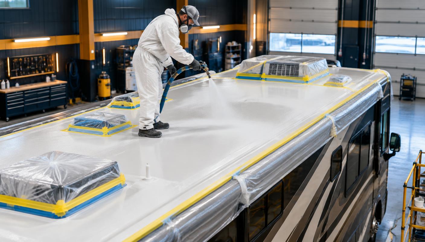 Technician applying a seamless spray-on coating to a prepared RV roof inside a service bay