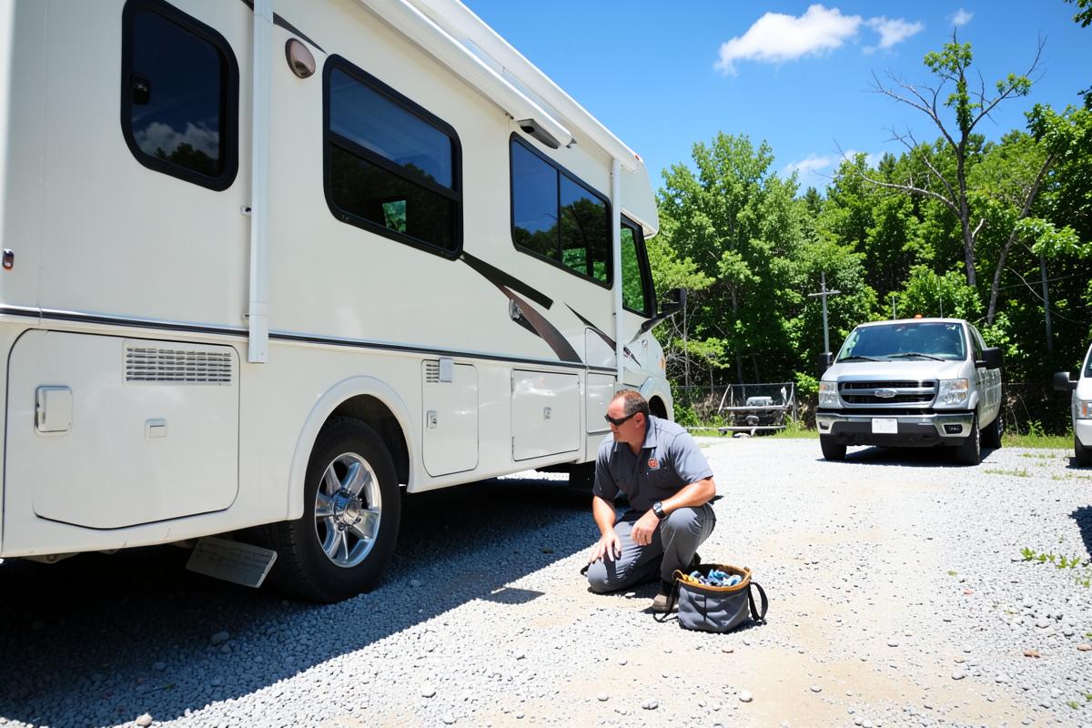RV technician kneeling beside a motorhome at a campsite with an open tool bag and a service truck behind him